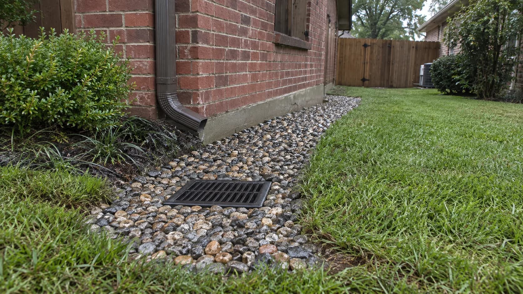 A gravel drainage strip and catch basin beside a brick home.