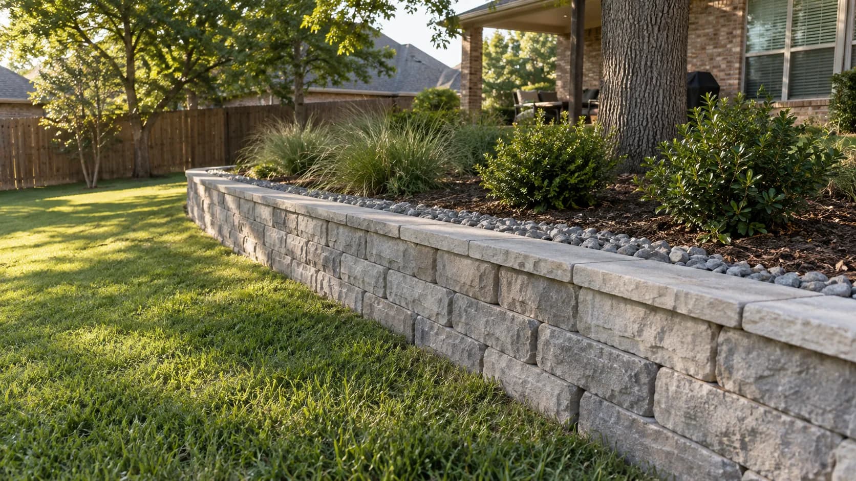 A low grey retaining wall holding a planted backyard slope.