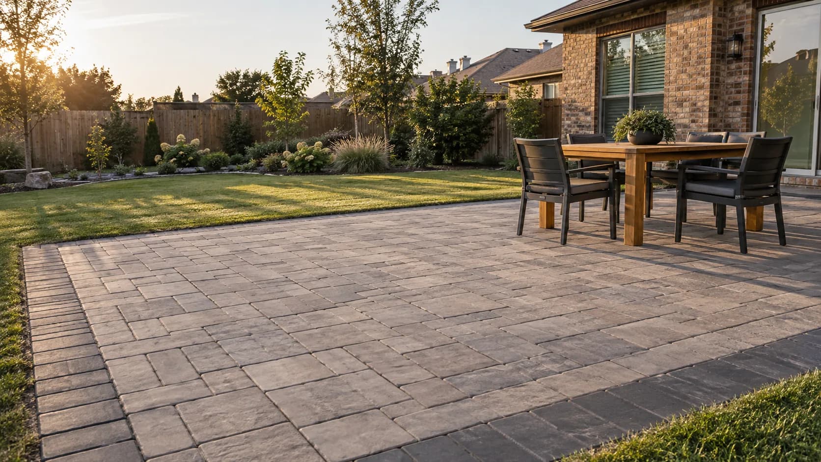 A grey paver dining patio behind a brick home.