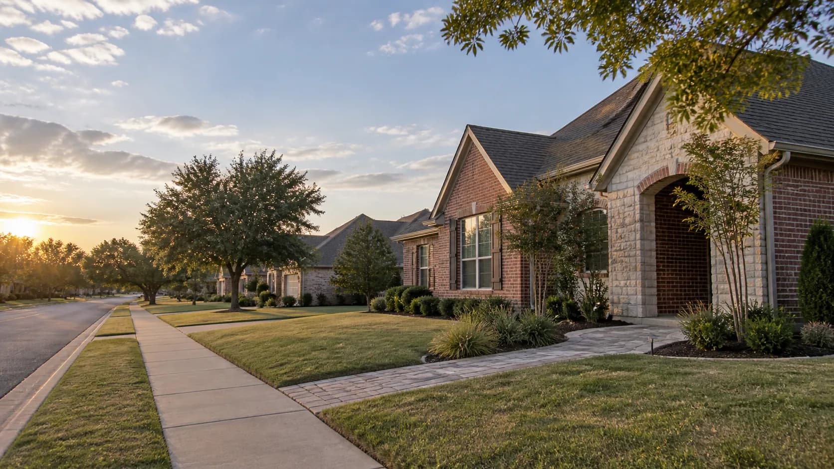 An unnamed suburban street with brick homes and oak trees.
