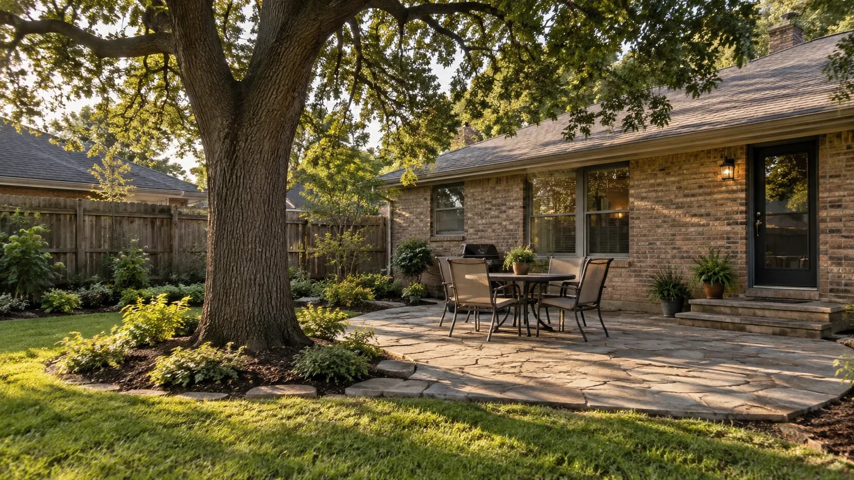 An established oak-shaded yard.