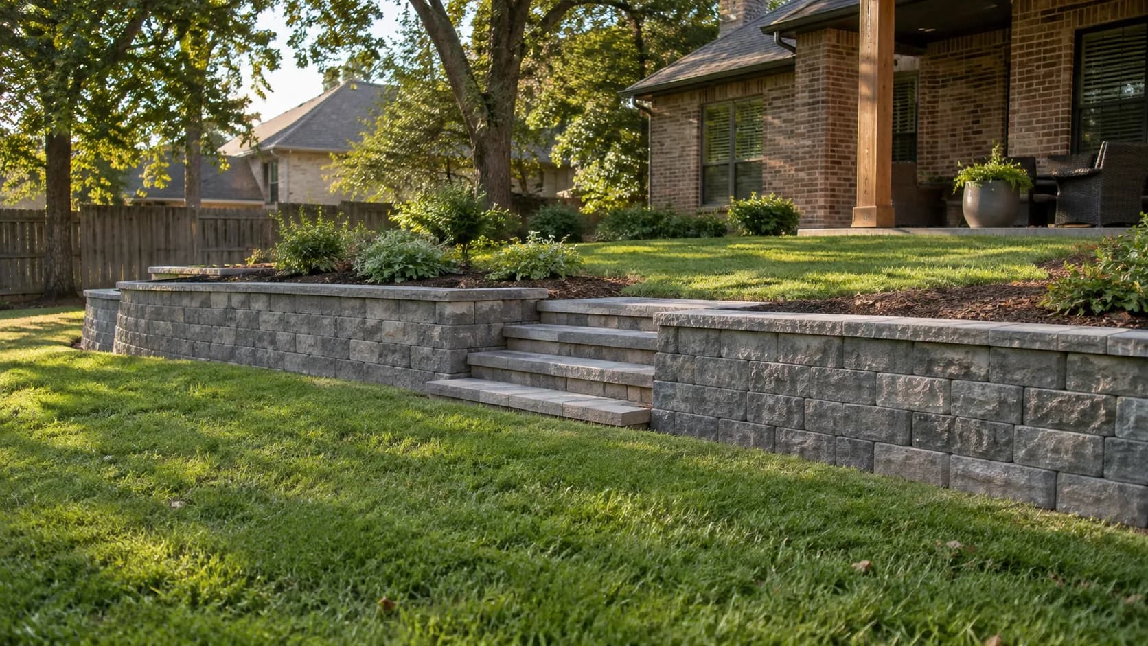 A sloping yard with low terraces.
