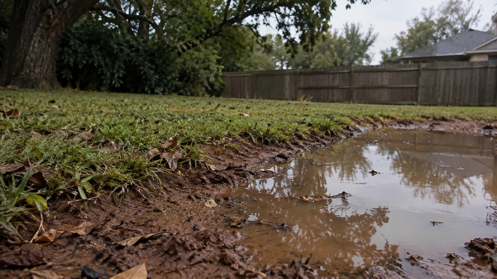 Rainwater pooled at the clay edge of a lawn.