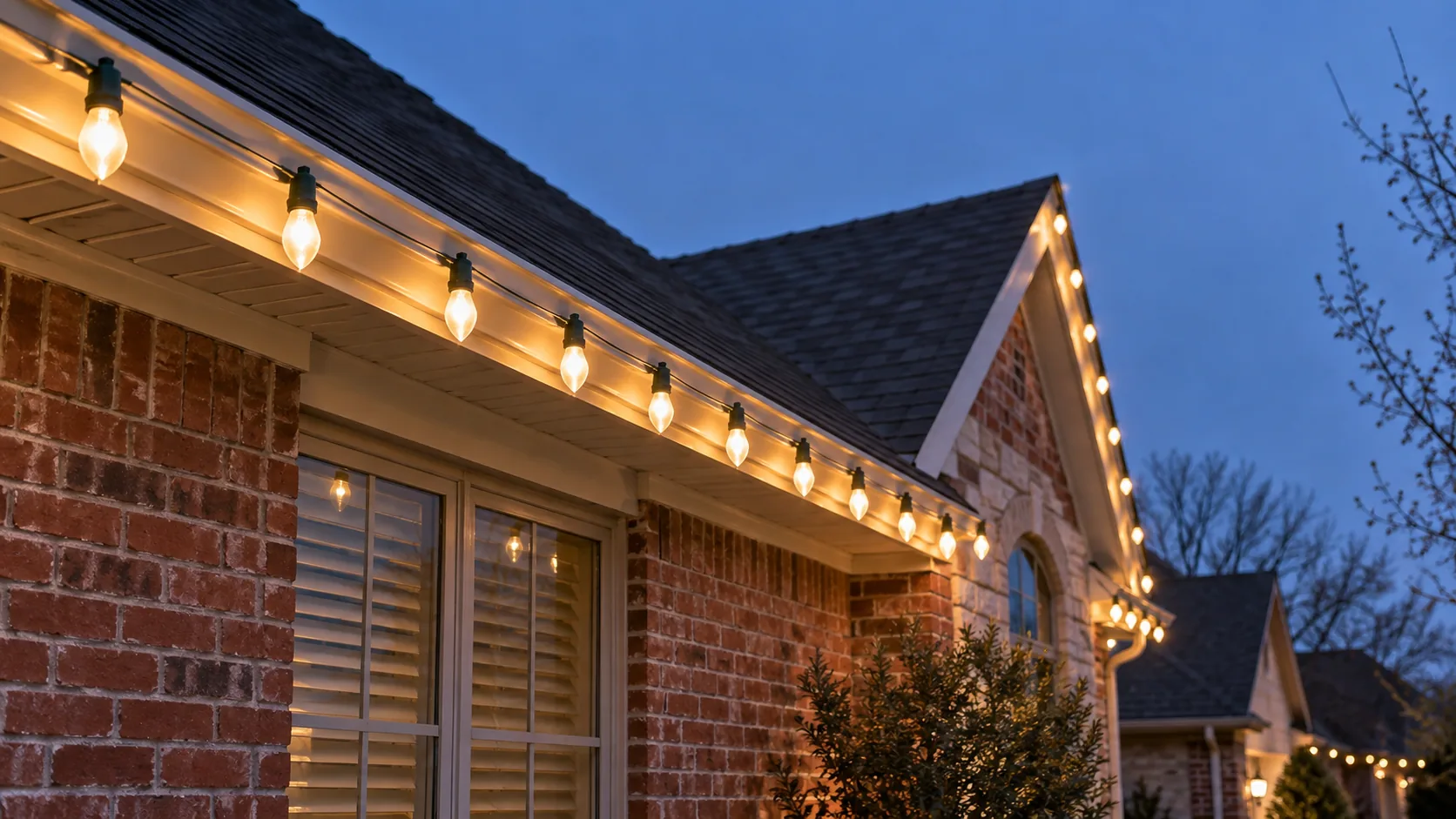 Evenly spaced holiday bulbs along a house eave.