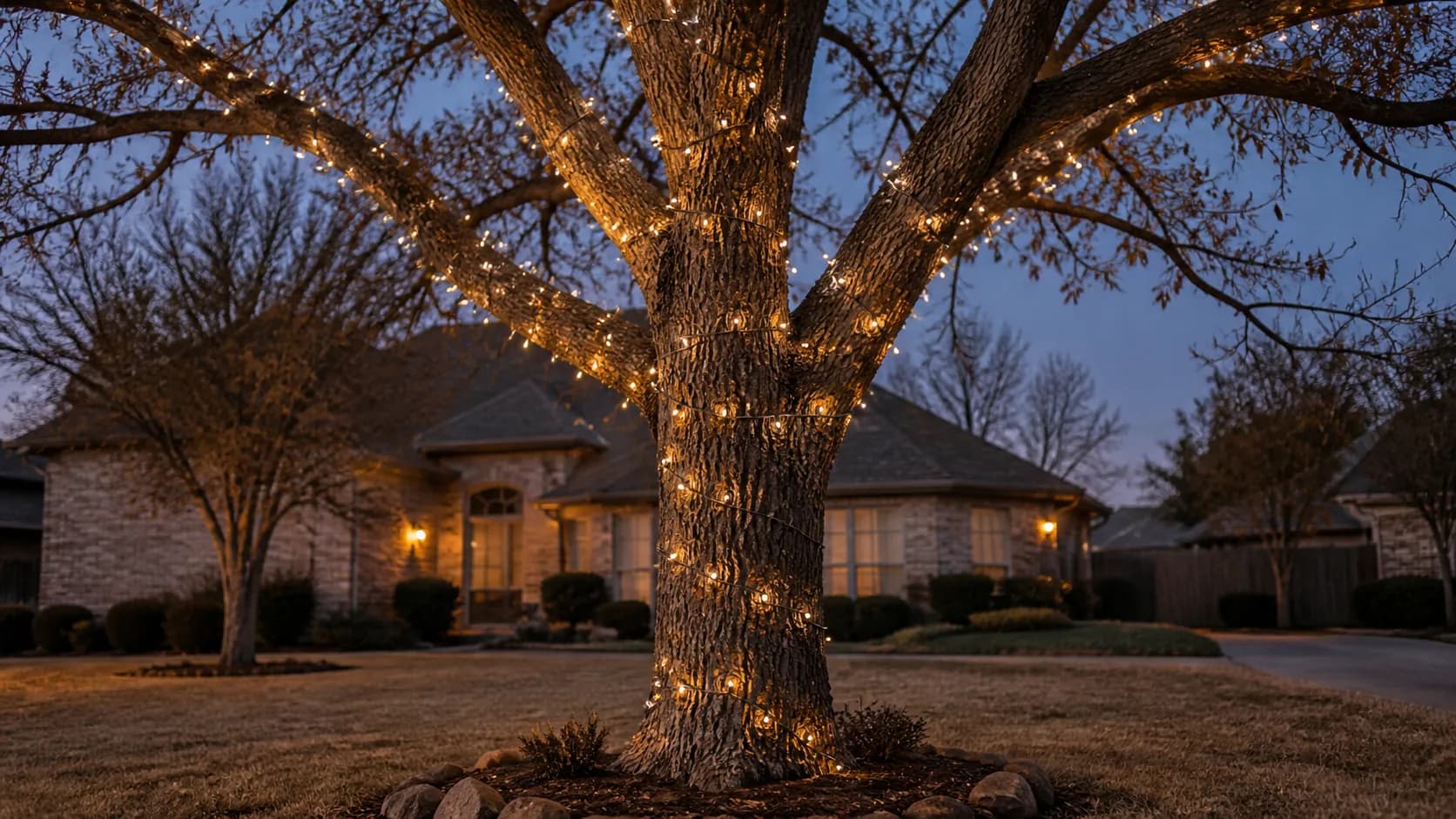 Warm-white light wraps on an oak trunk and lower branches.