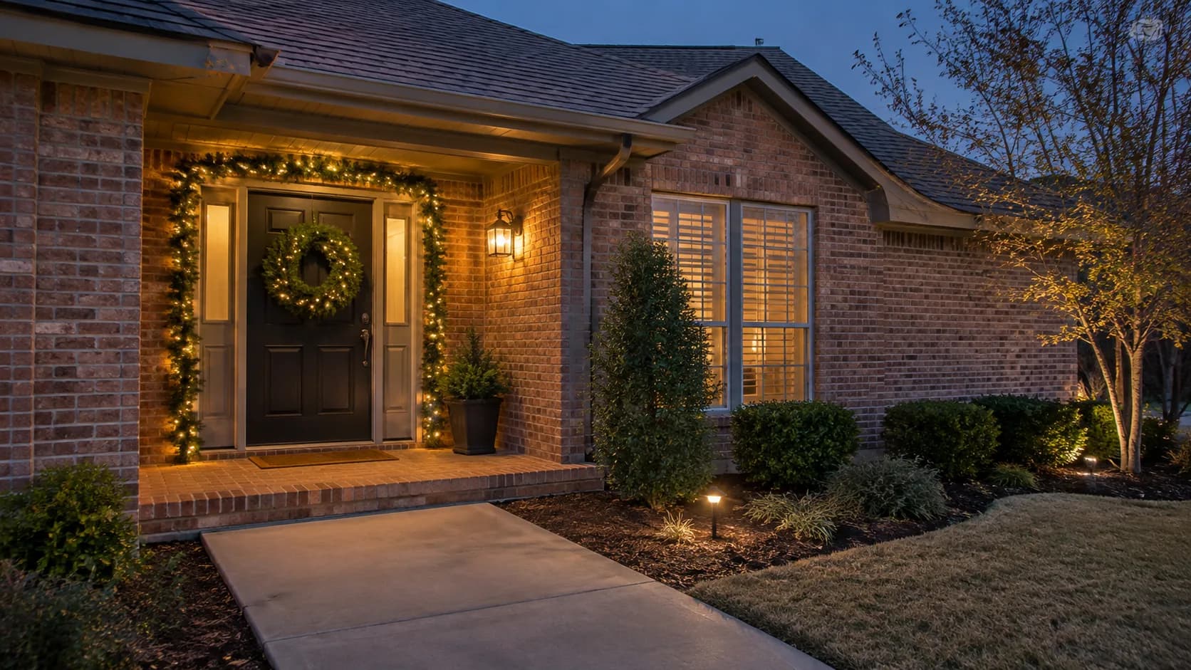 A brick entry with a lighted wreath and garland.