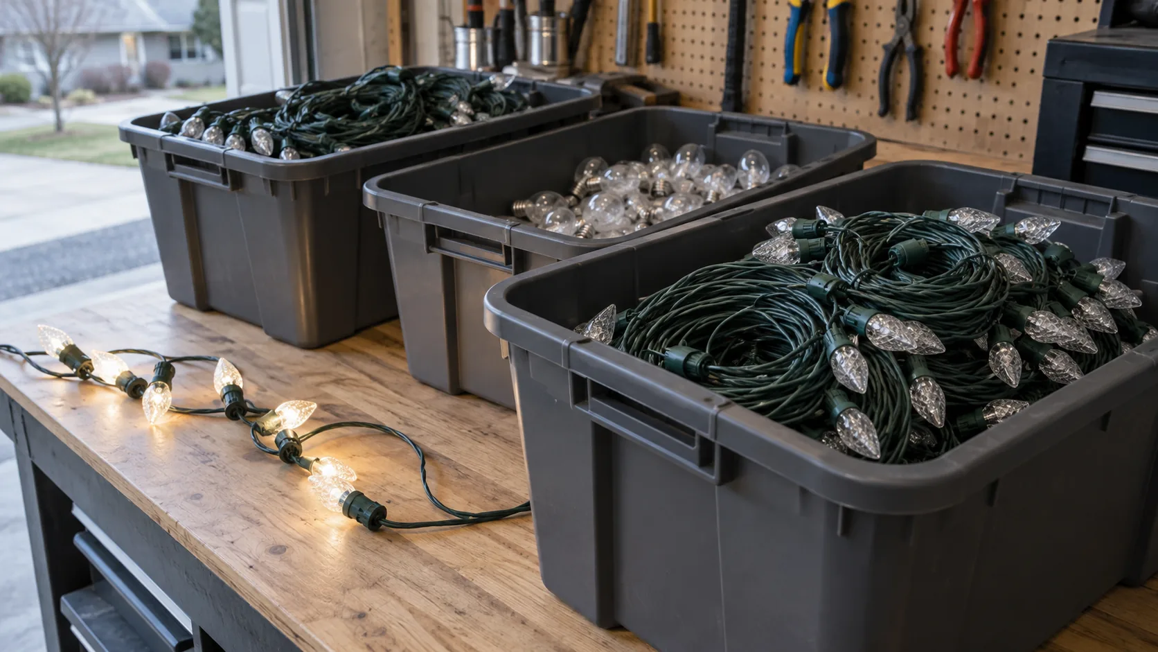 Holiday bulbs and strings organized in storage totes.